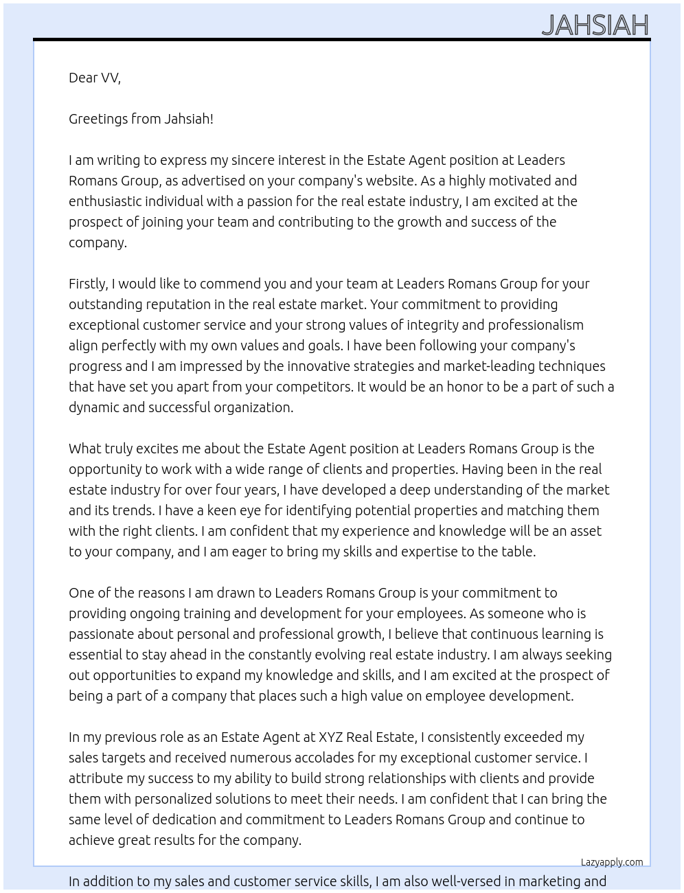 estate agent At Leaders Romans Group Cover Letter