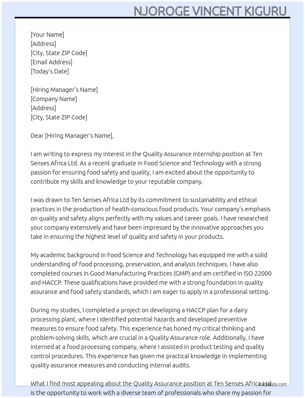 Quality Assurance  At Ten Senses Africa Ltd  Cover Letter