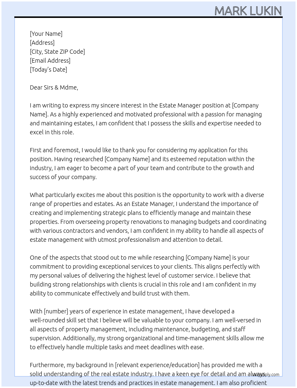 Estate Manager At Estate Manager Cover Letter