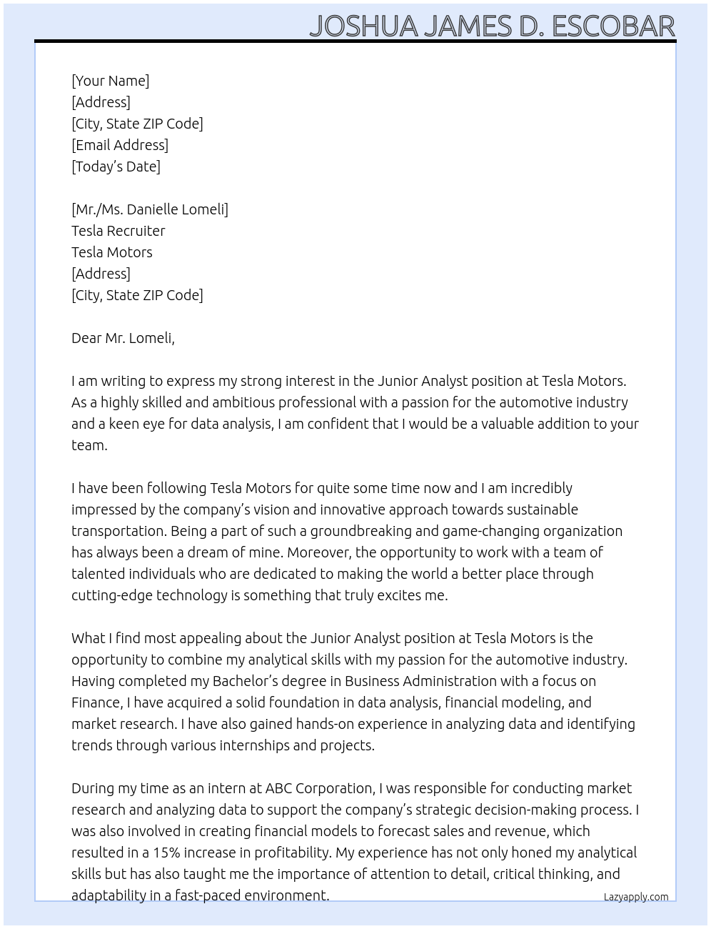 Junior Analyst At Tesla Motors Cover Letter