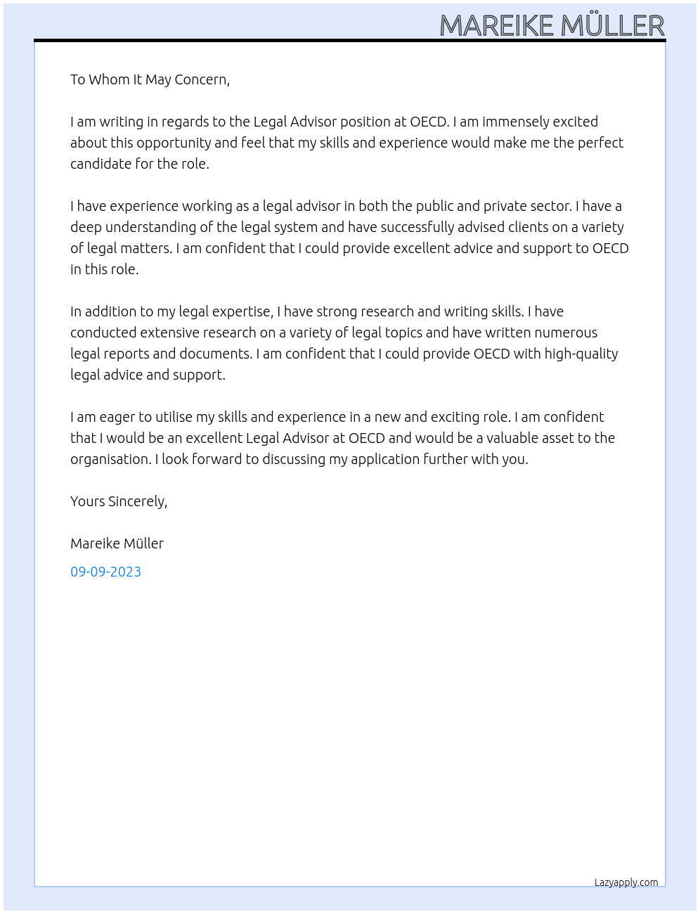 Legal advisor At OECD Cover Letter