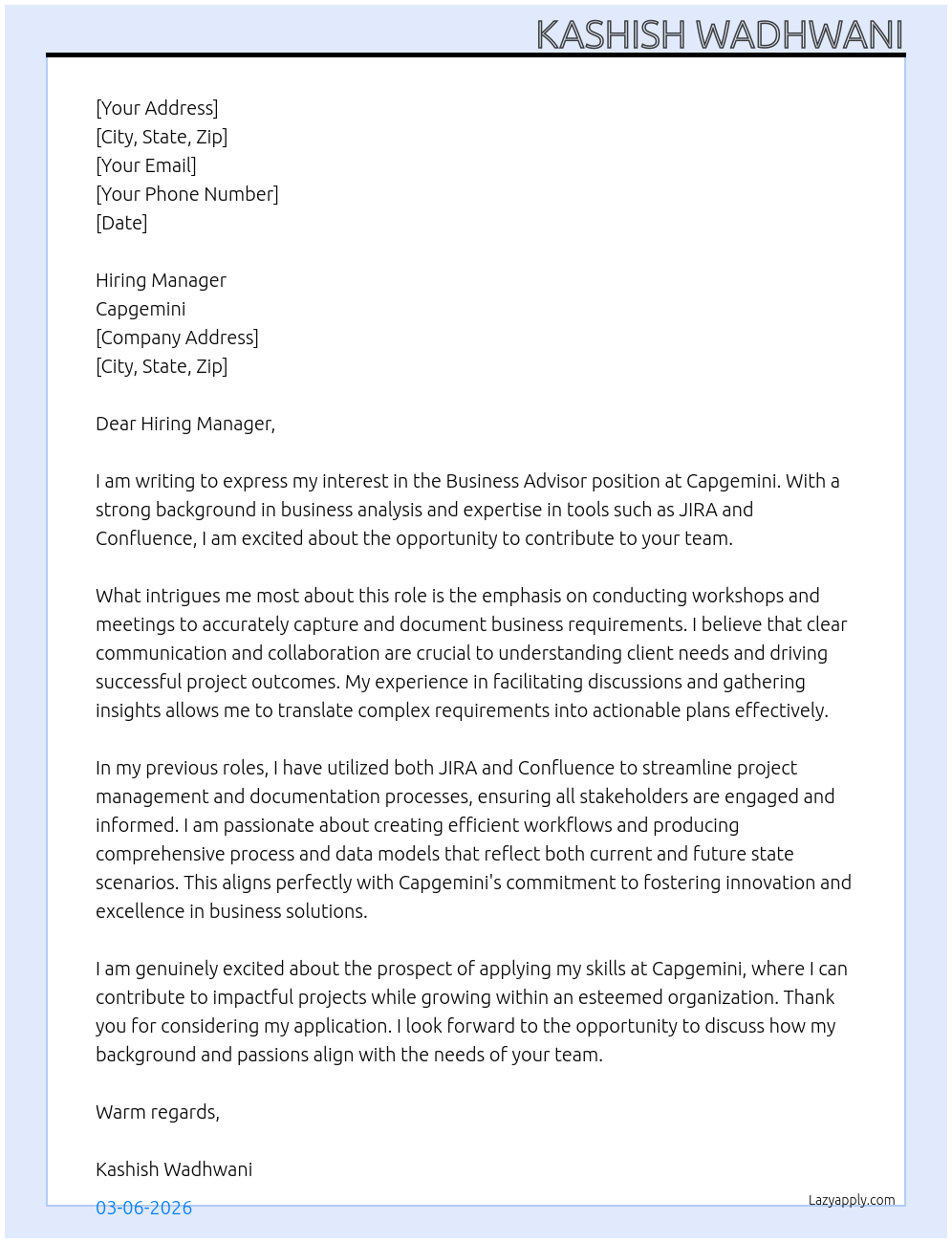 Business Advisor At Capgemini Cover Letter