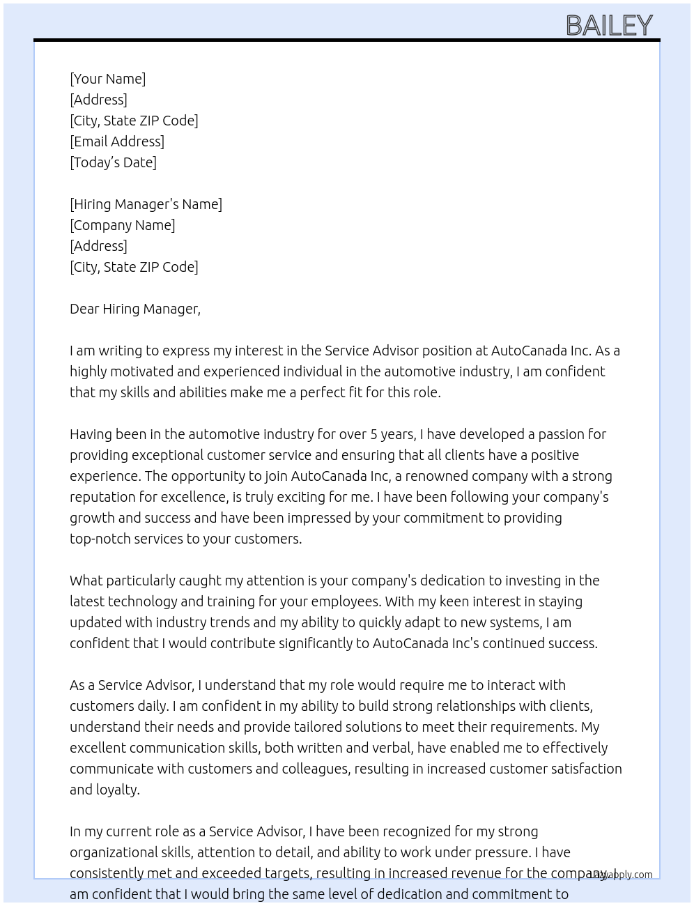 Service Advisor At AutoCanada Inc Cover Letter