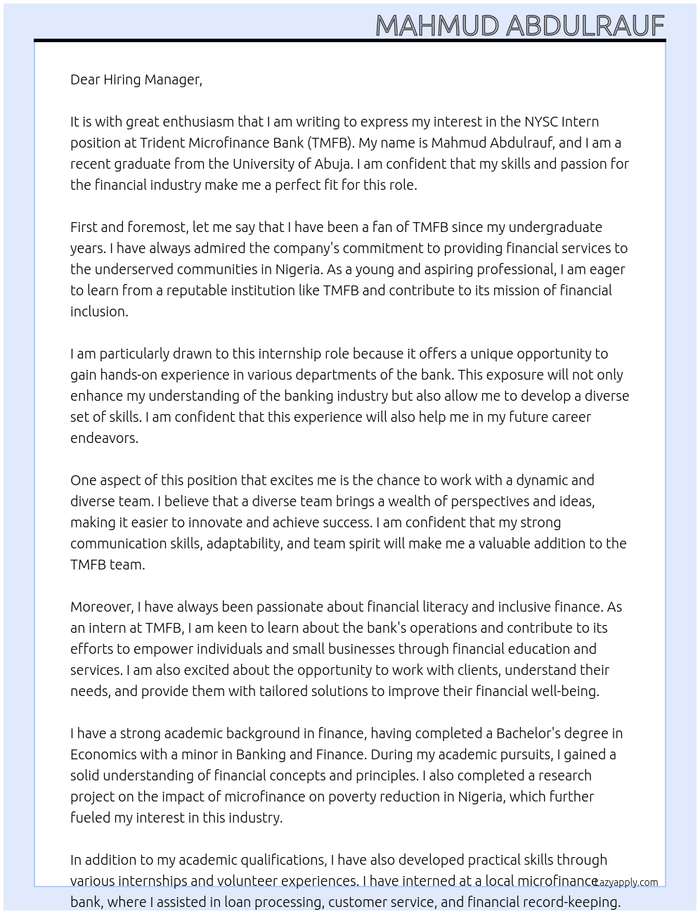 NYSC INTERN At Trident Microfinance Bank (TMFB) Cover Letter