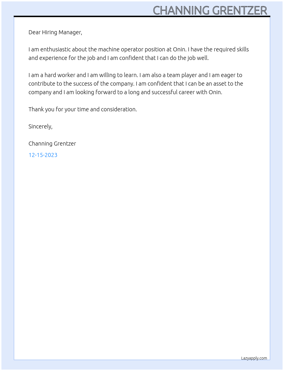 Machine operator At Onin Cover Letter