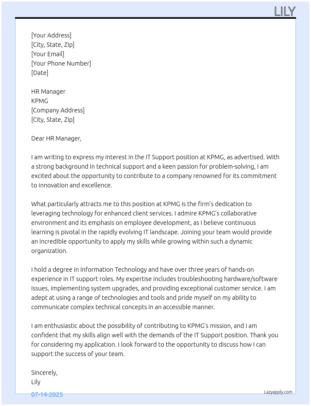 IT Support At KPMG Cover Letter