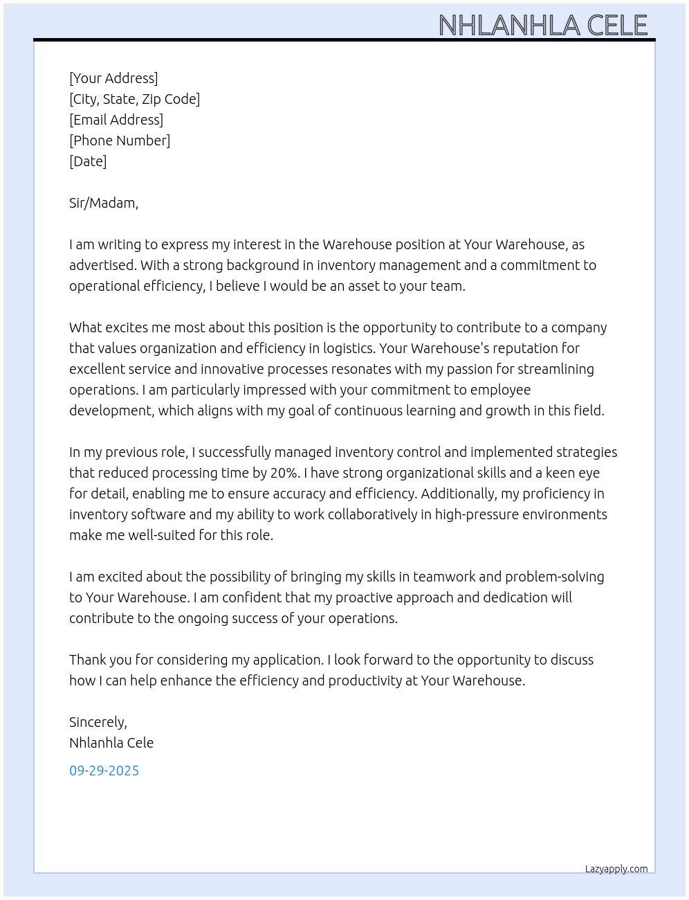 Warehouse At at your warehouse Cover Letter