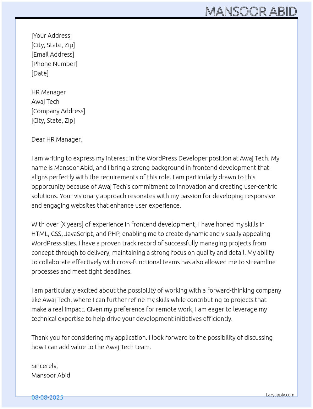 Wordpress Developer At Awaj Tech Cover Letter