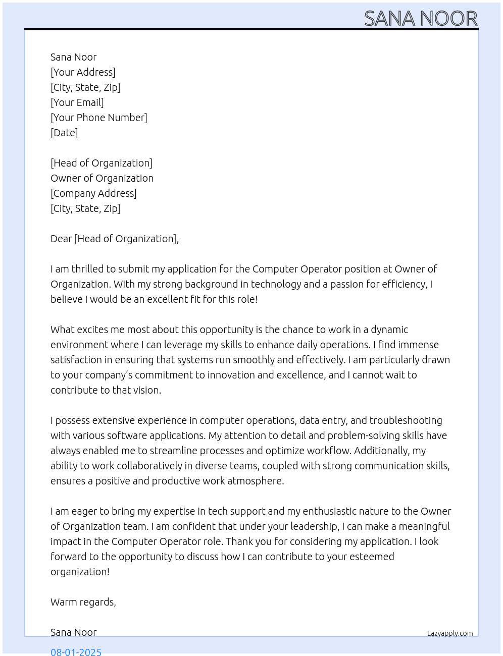 Computer operator At Owner of organization Cover Letter