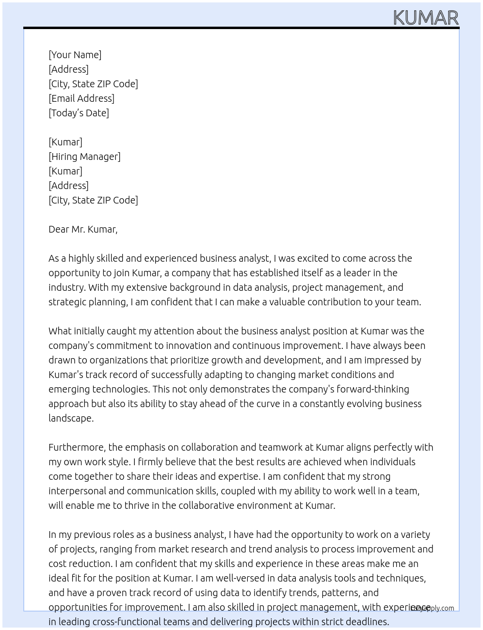 business analyst At Kumar Cover Letter