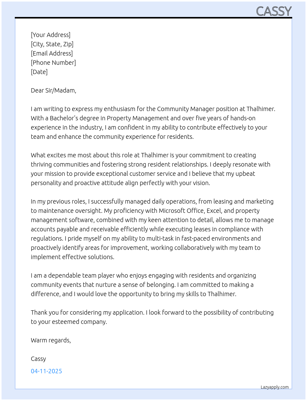 Community Manager At Thalhimer Cover Letter