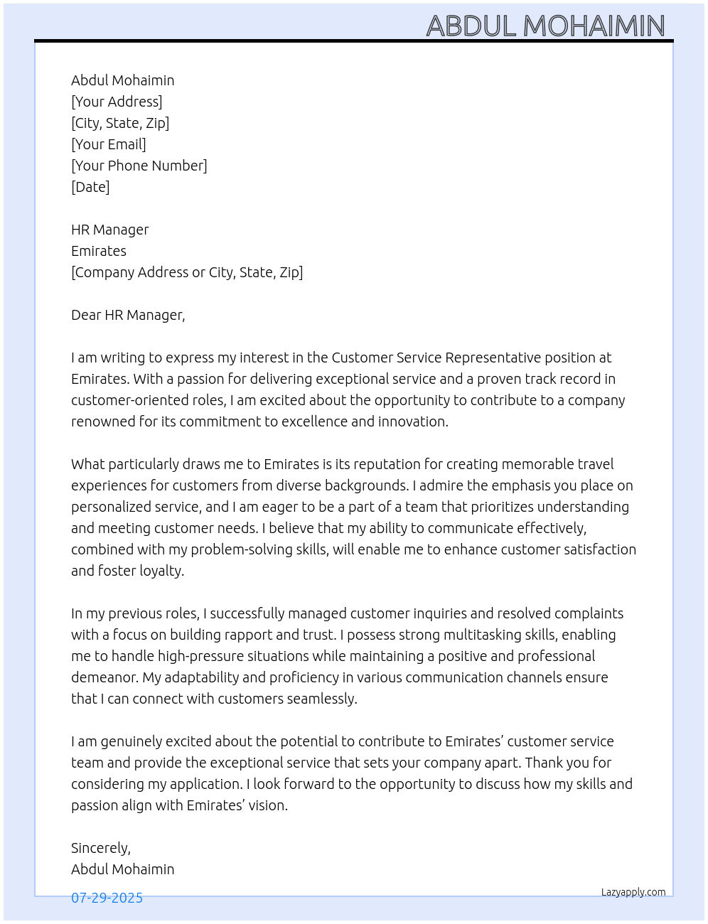 Customer service representative At Emirates Cover Letter