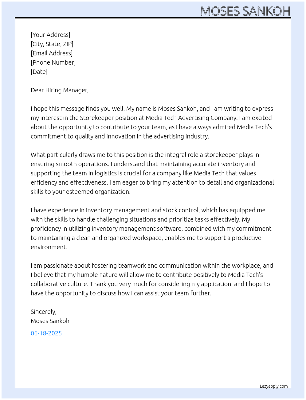 storekeeper At Media Tech Advertizing Company Cover Letter