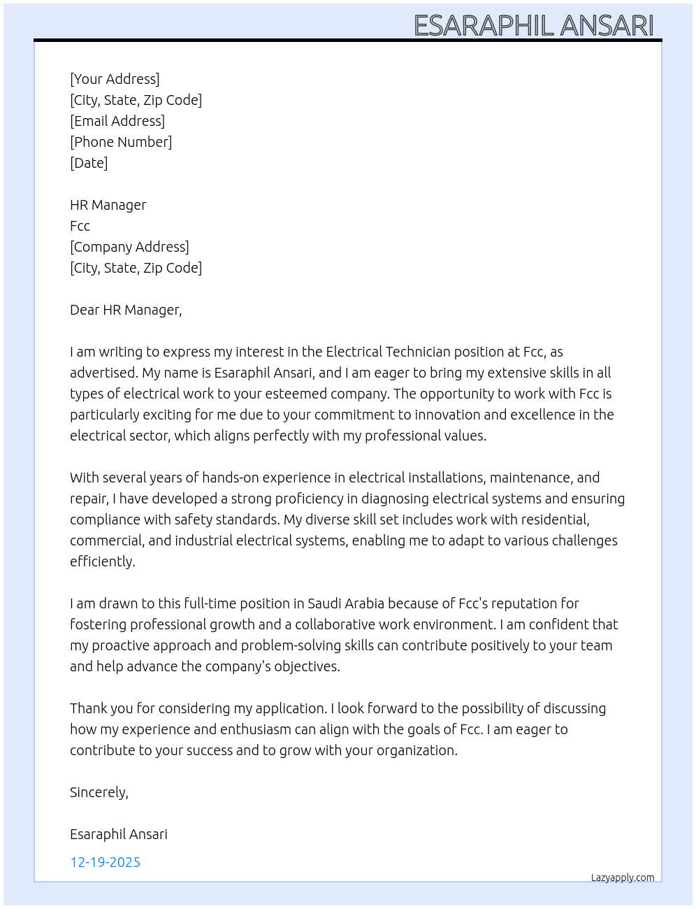 Electrical technician At Fcc Cover Letter