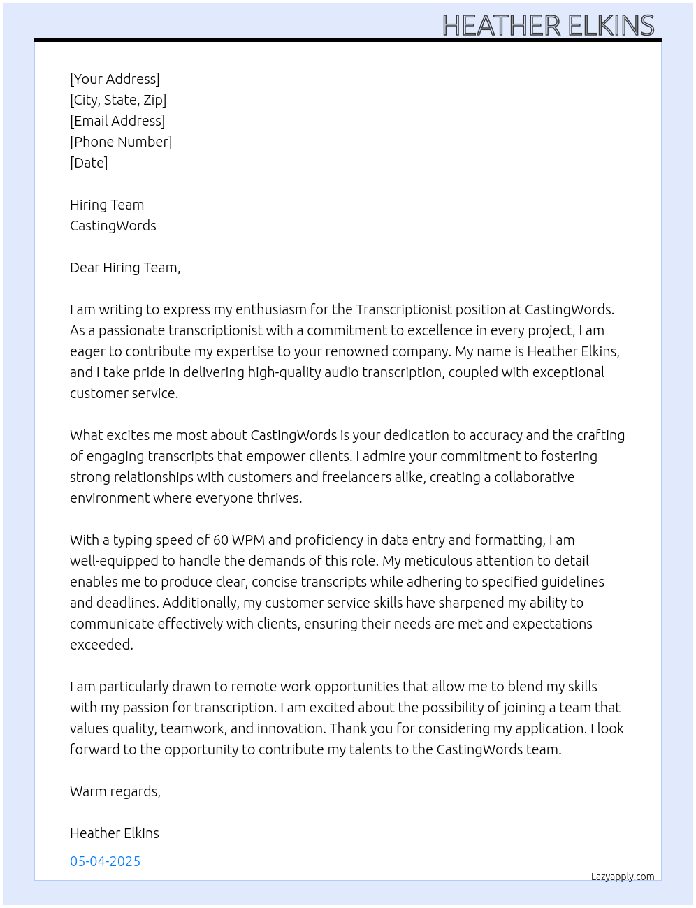 Transcriptionist At CastingWords Cover Letter