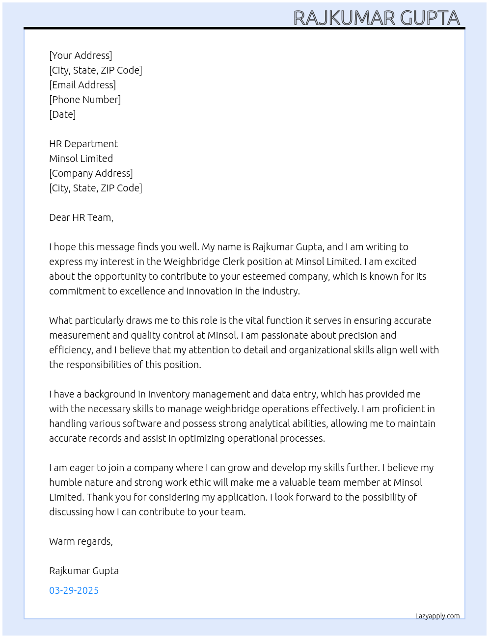 Weighbridge clerk  At Minsol limited  Cover Letter