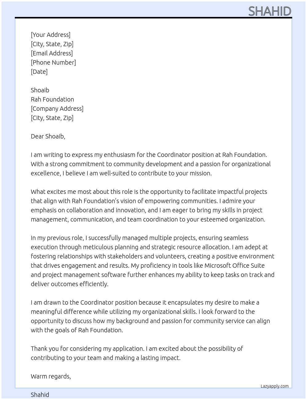 coordinator At Rah doundation Cover Letter