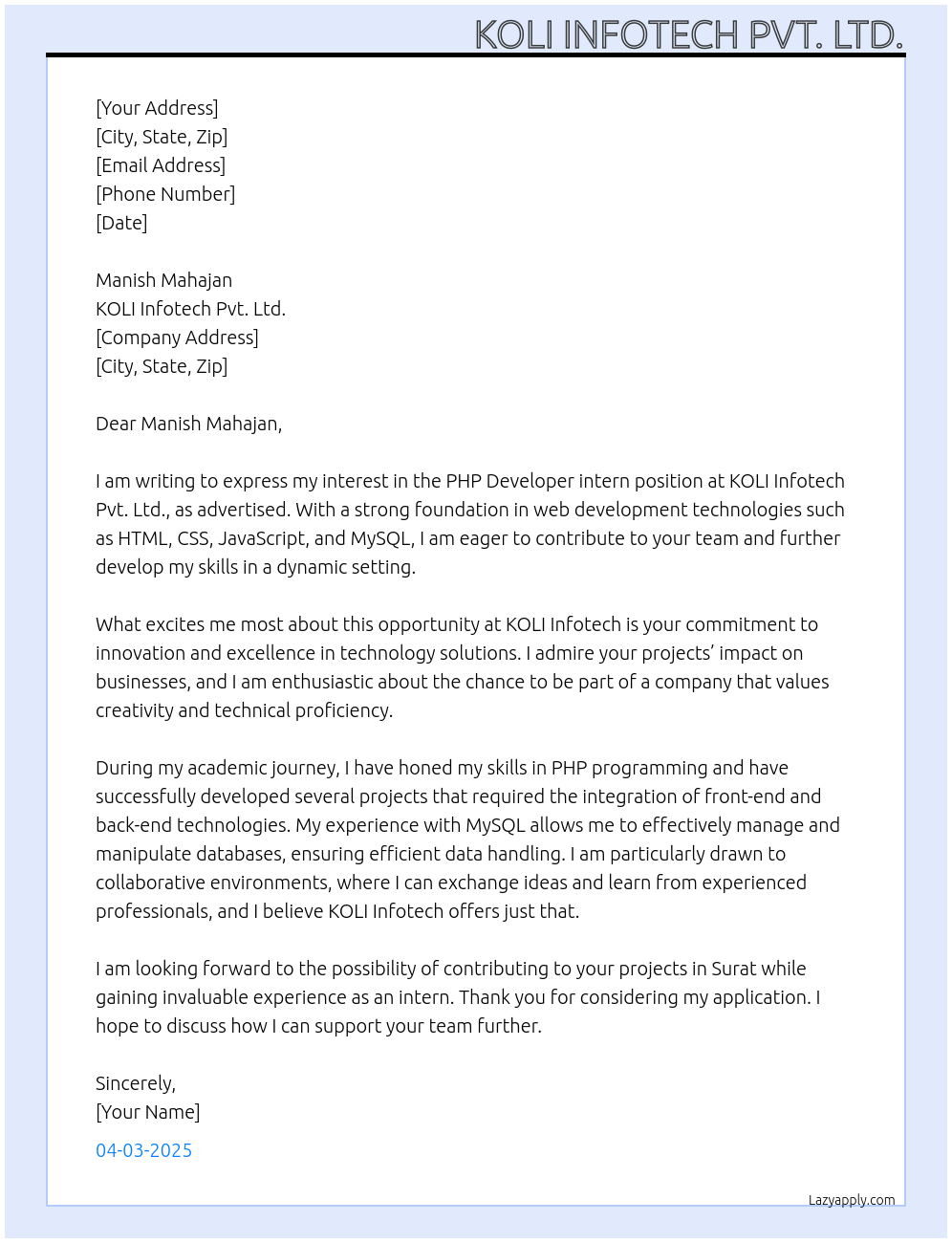 PHP Developer At KOLI Infotech Pvt. Ltd. Cover Letter