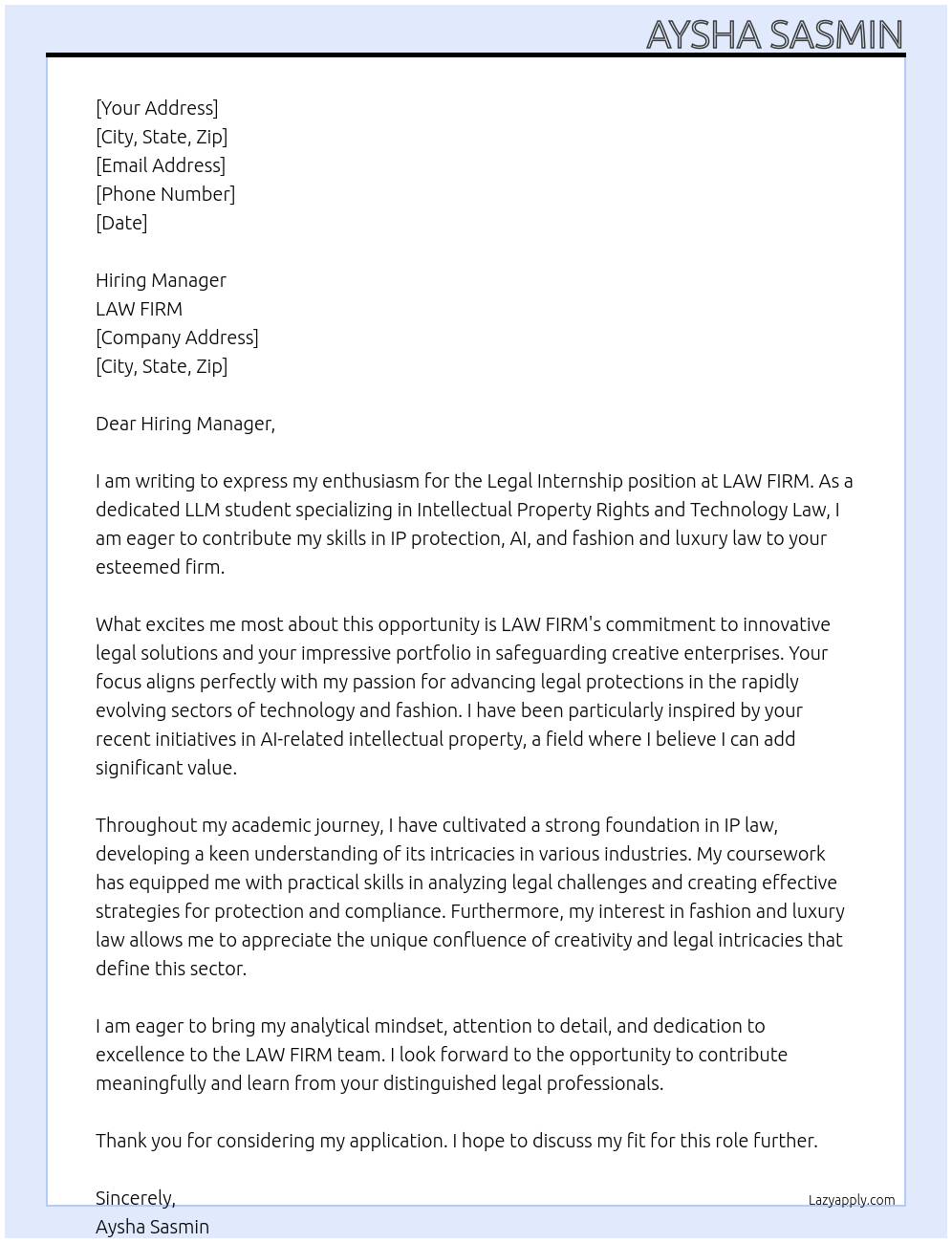 LEGAL INTERNSHIP At LAW FIRM Cover Letter