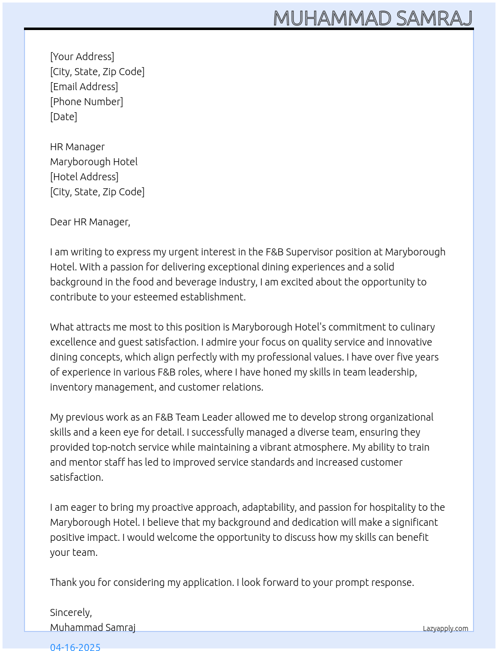 F&B Supervisor At Maryborough Hotel Cover Letter