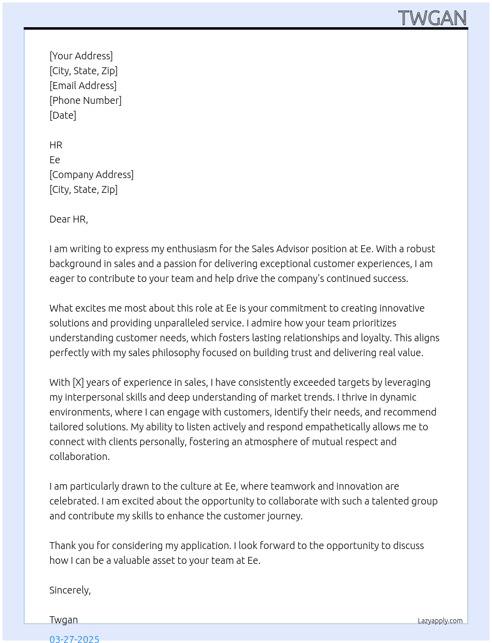 Sales advisor At Ee Cover Letter