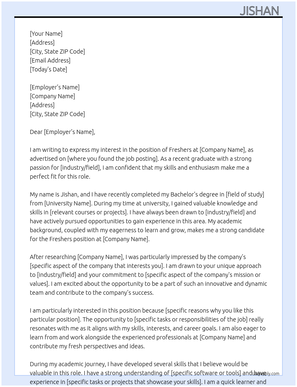 Freshers At Jishan Cover Letter