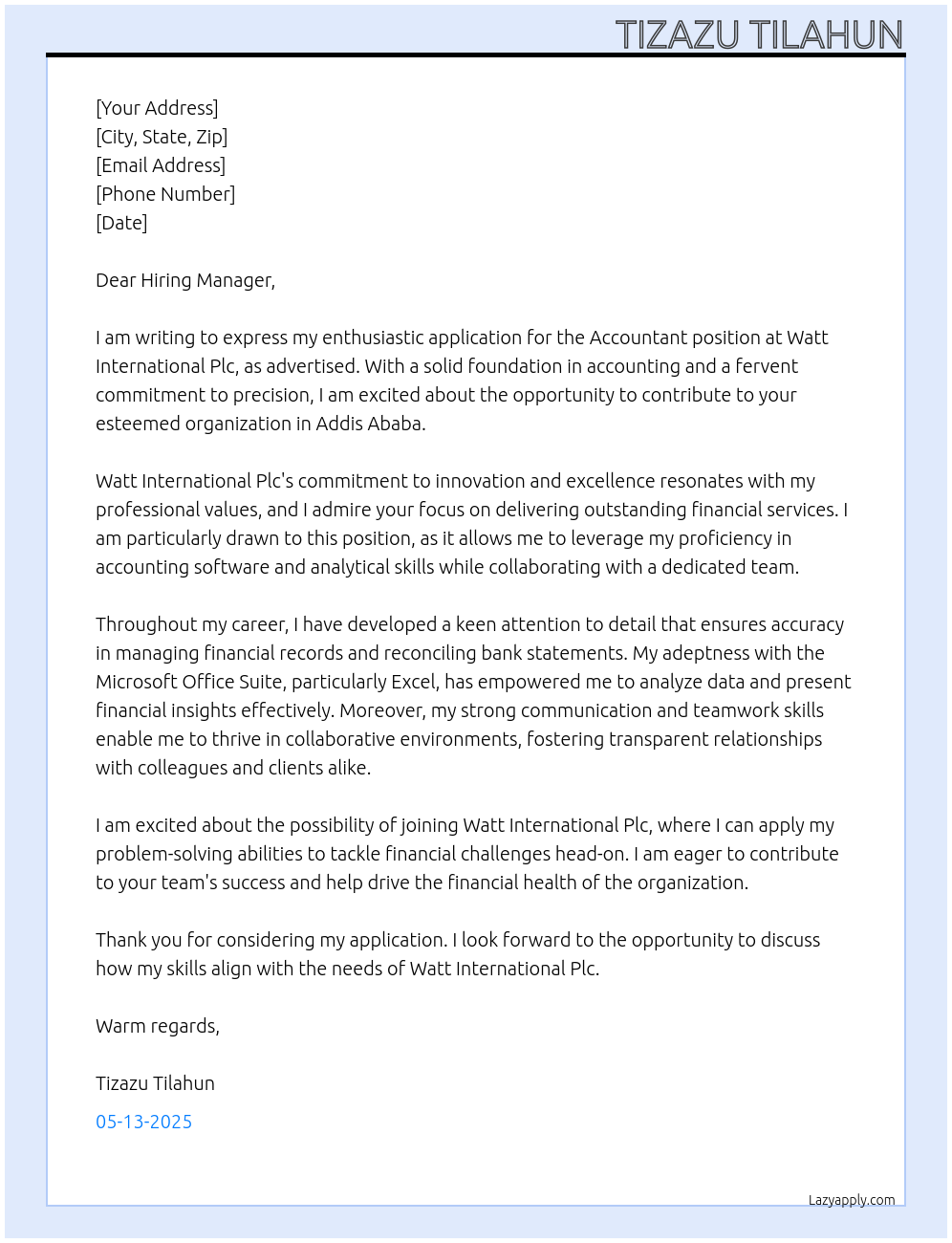 Accountant At Watt International Plc Cover Letter