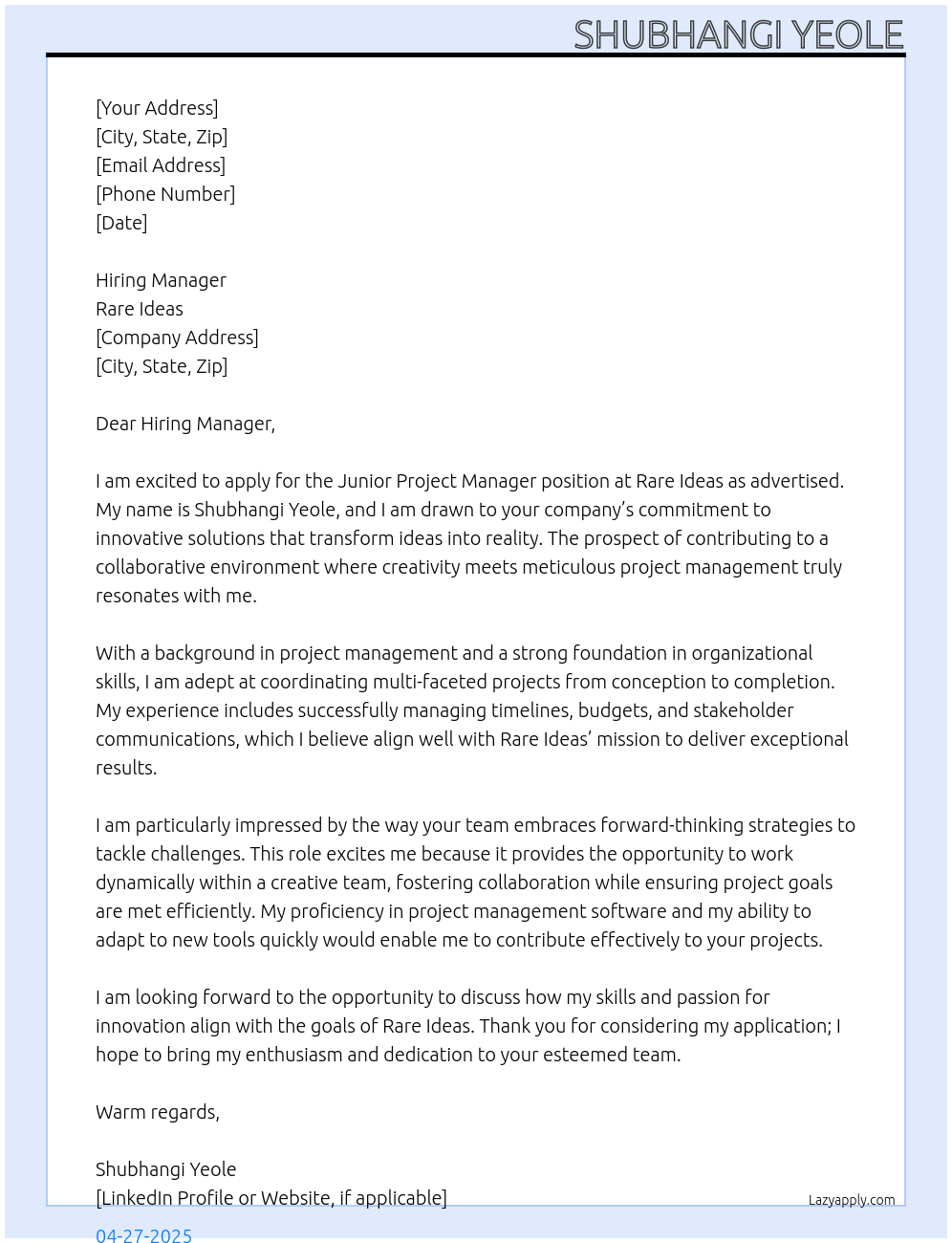Junior Project Manager At Rare Ideas Cover Letter