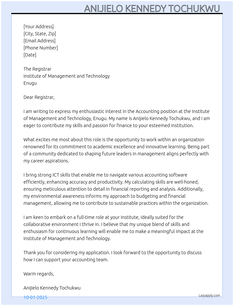 Accounting At Institute of management and technology, Enugu Cover Letter
