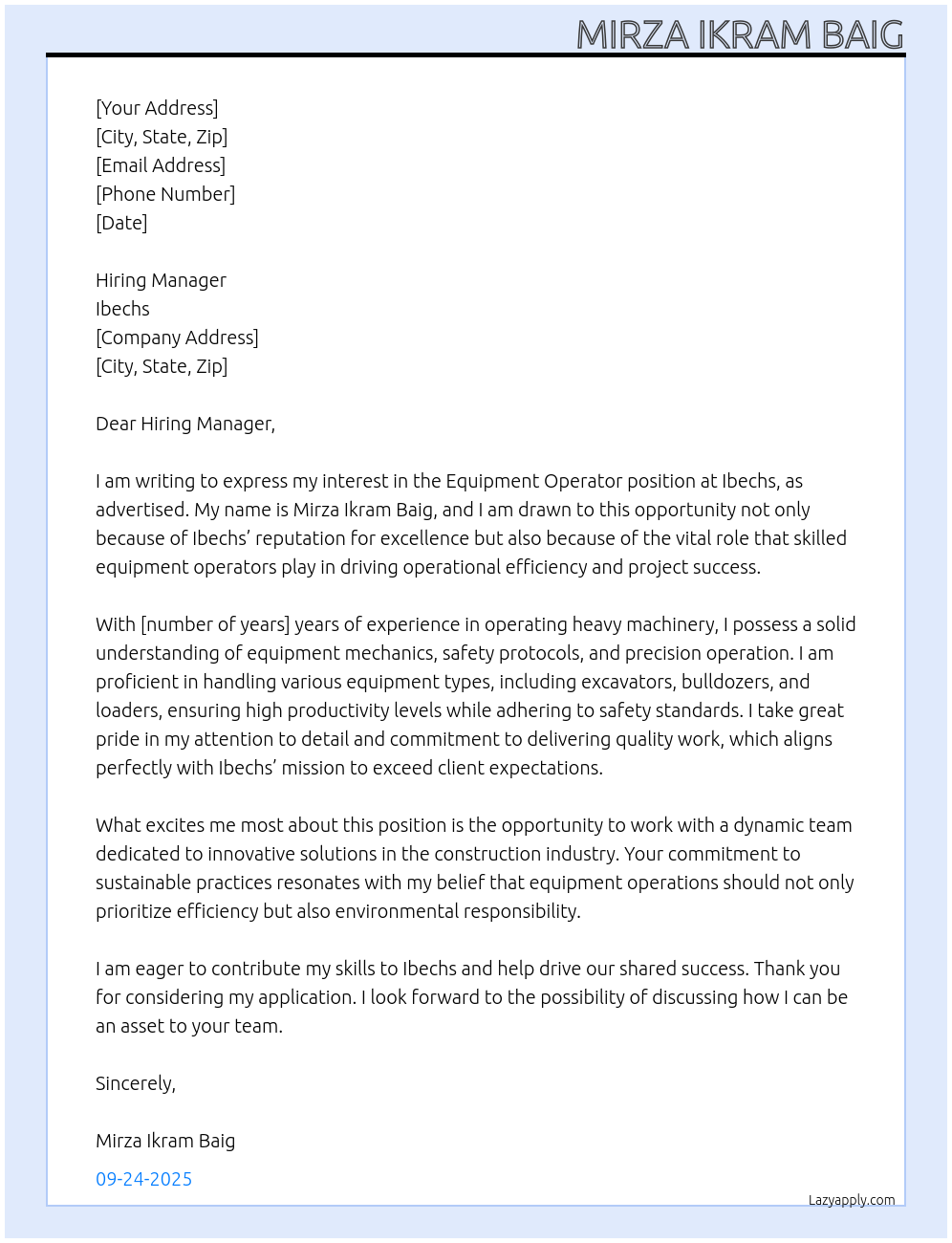 Cover letter for equipment operator - LazyApply