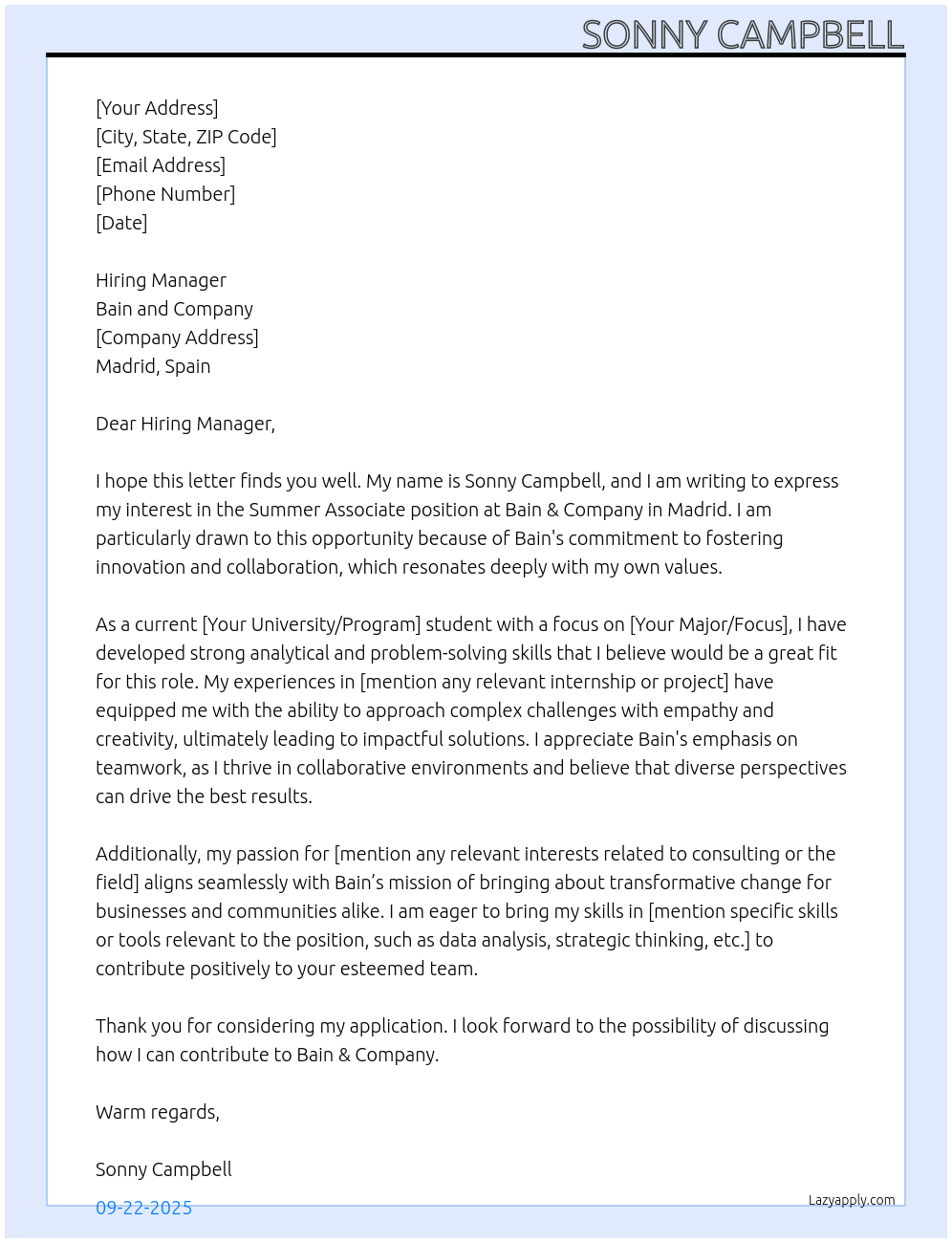 Summer Associate At Bain and Company Cover Letter