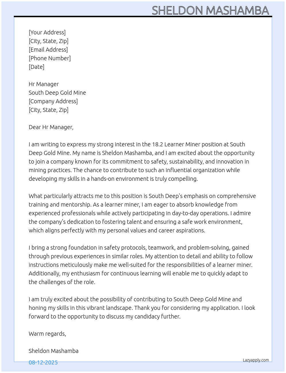 18.2 learner miner At South deep gold mine Cover Letter