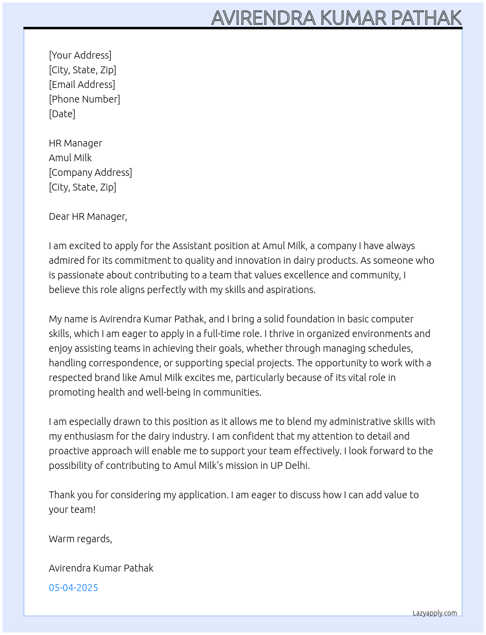 Assistant At Amul milk  Cover Letter