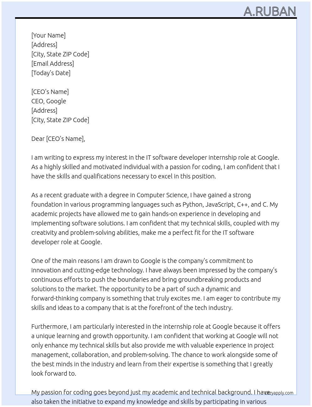 Cover letter for it software developer - LazyApply