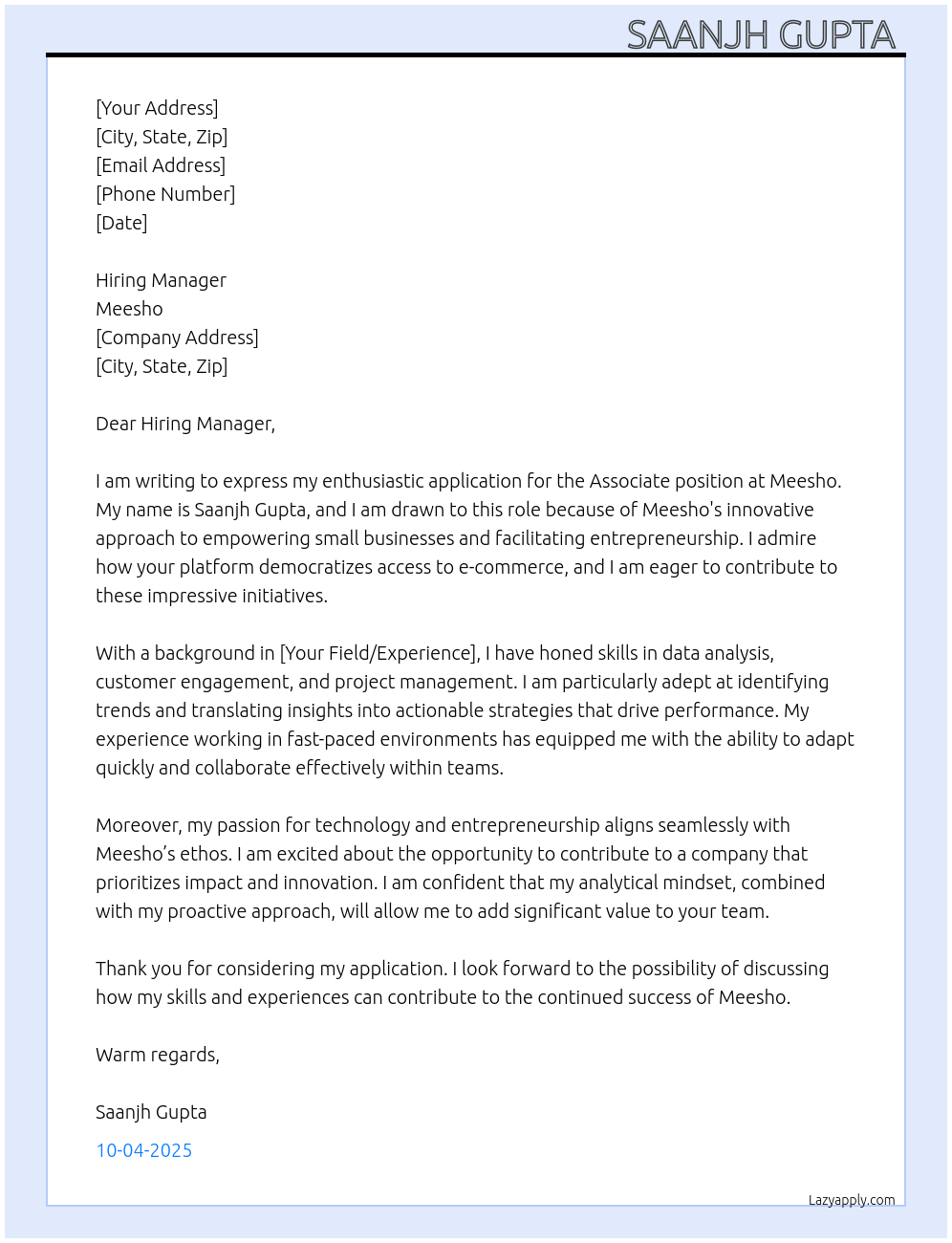 Cover letter for Associate  - LazyApply