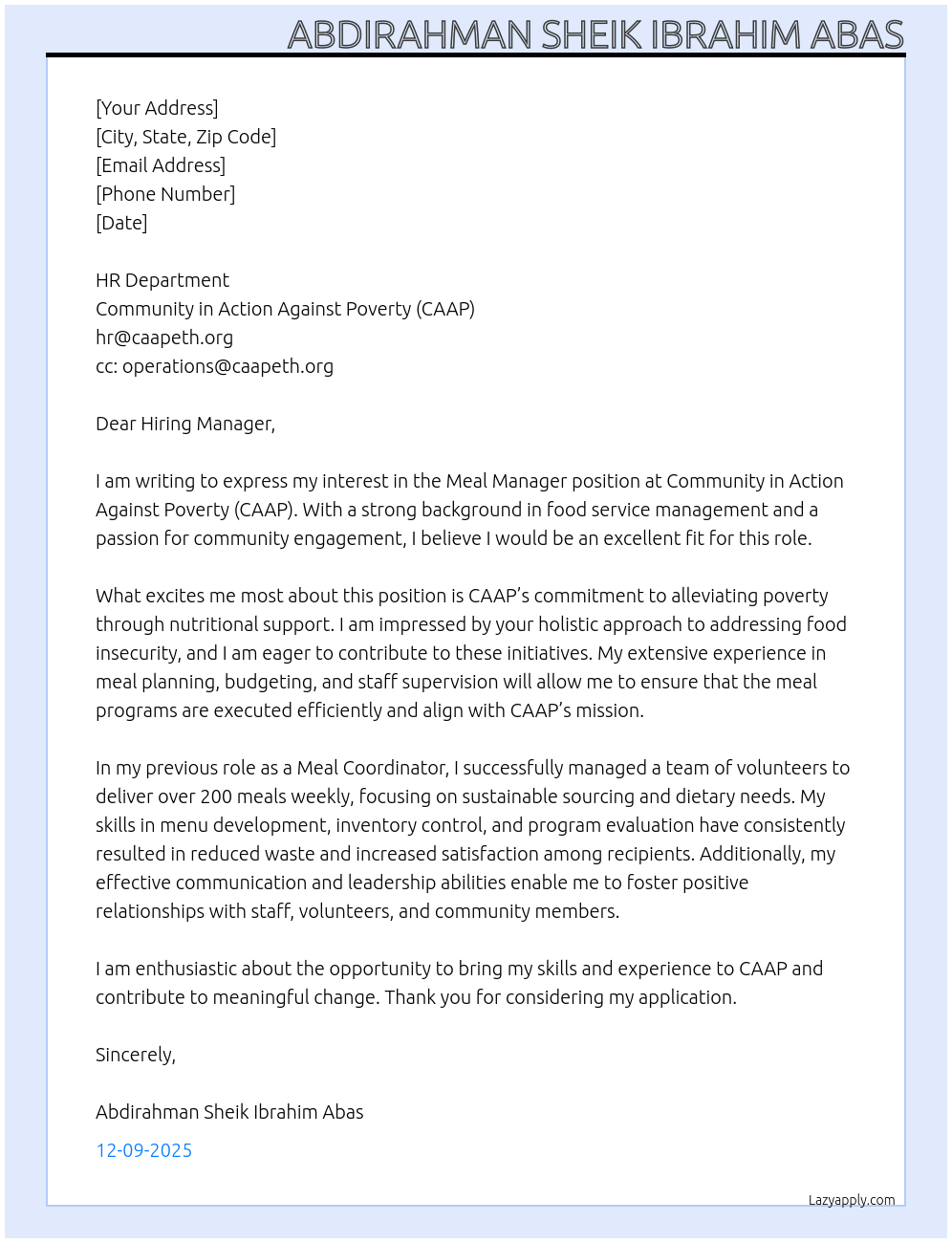 Cover letter for meal manager - LazyApply
