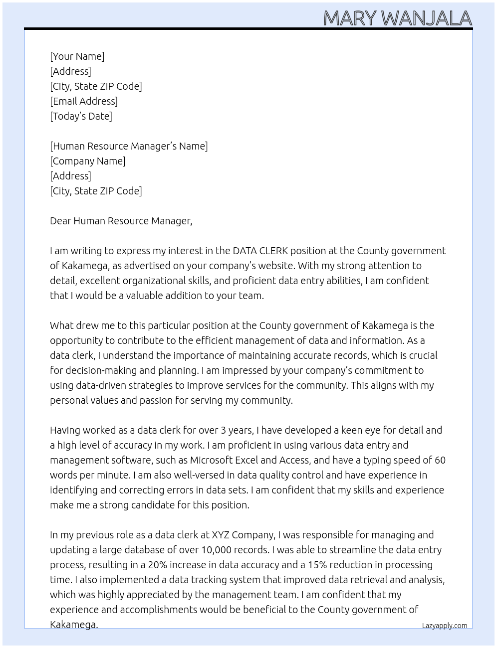 DATA CLERK At County government of Kakamega Cover Letter