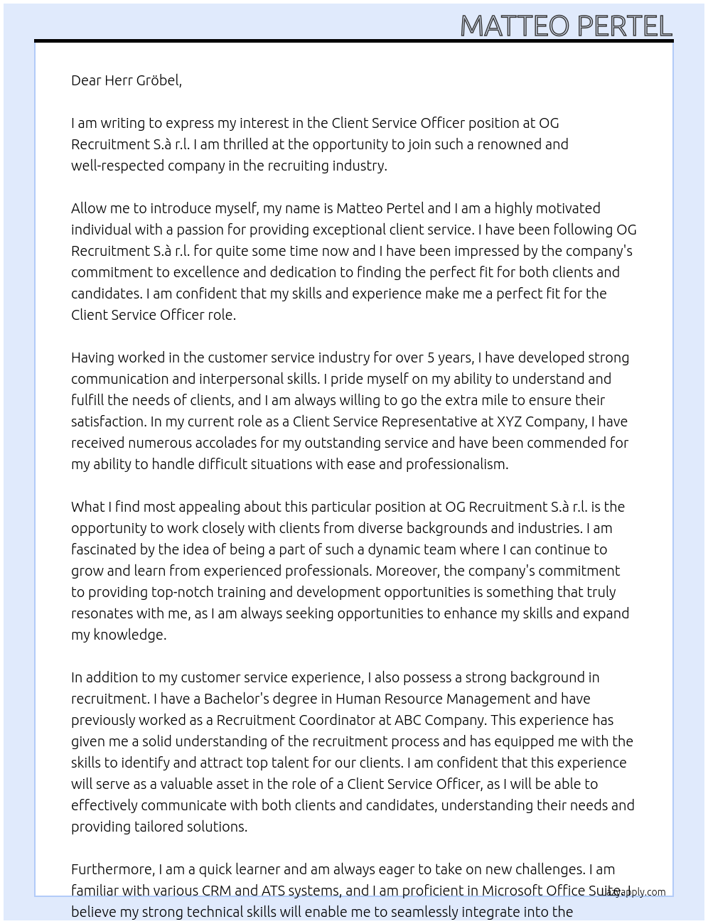 Client Service Officer At OG Recruitment S.à r.l. Cover Letter