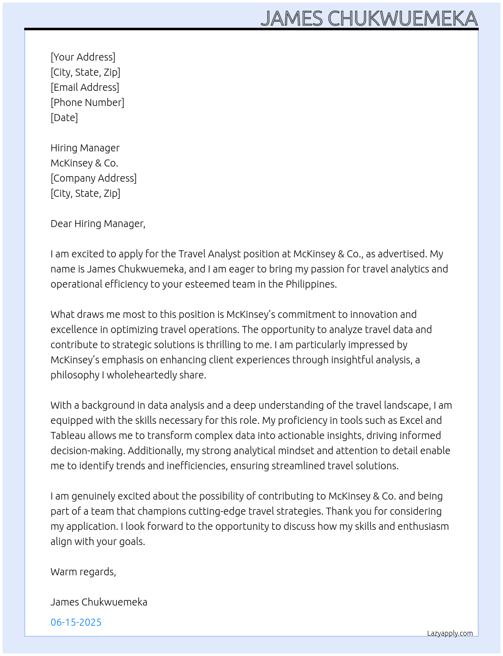 Travel Analyst At mckinsey & co. Cover Letter