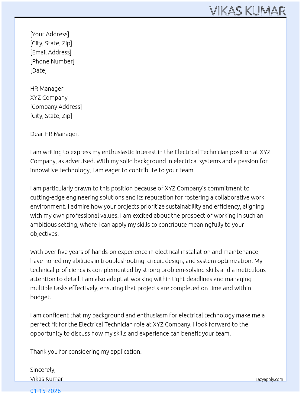 Cover letter for electrical technician - LazyApply