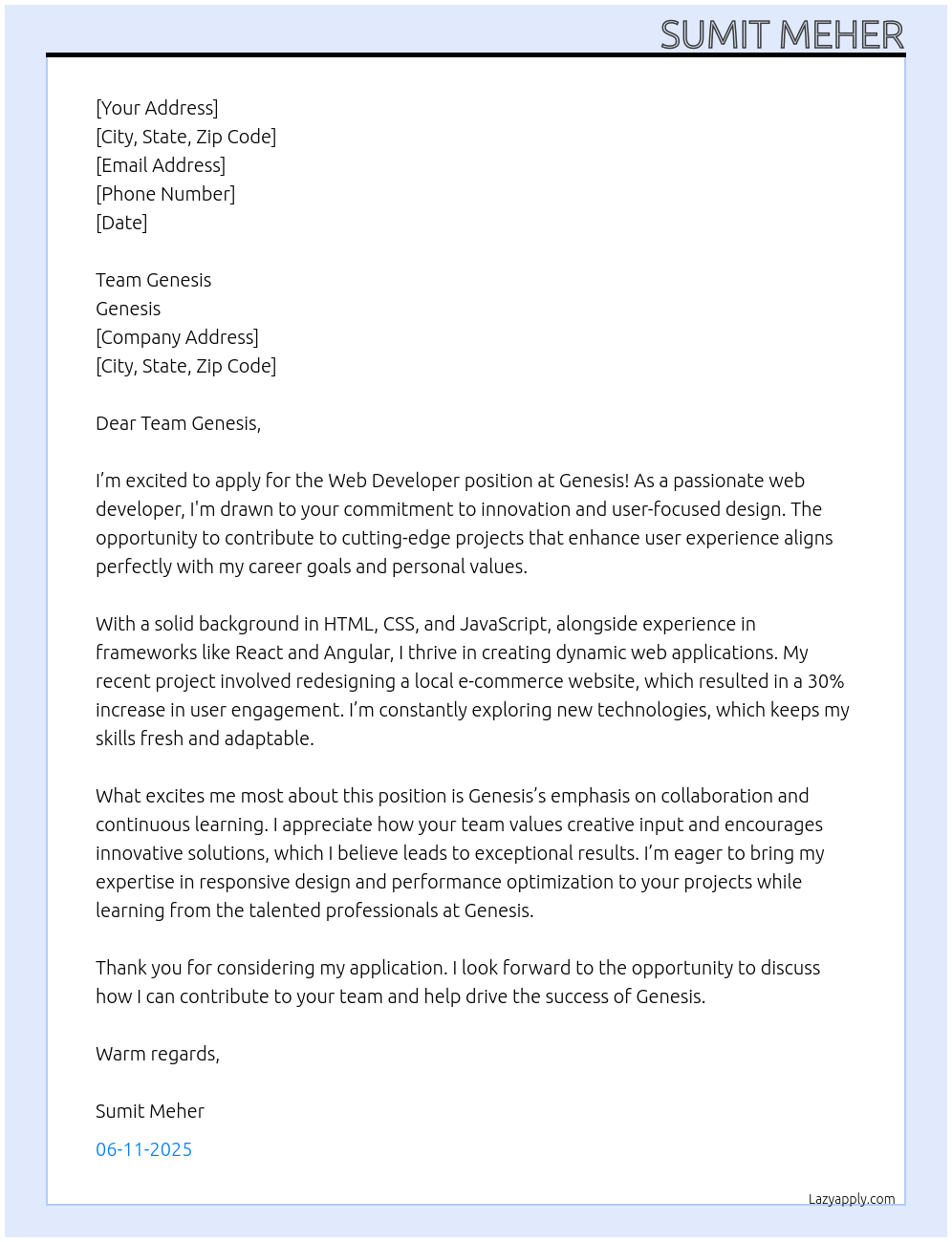 Web Developer At Genesis Cover Letter