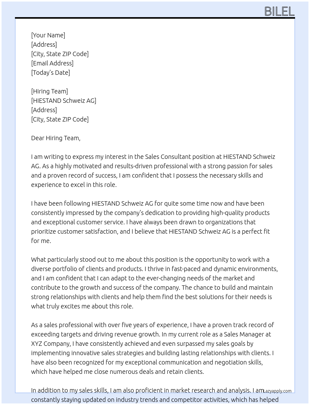 Sales Consultant At HIESTAND Schweiz AG Cover Letter