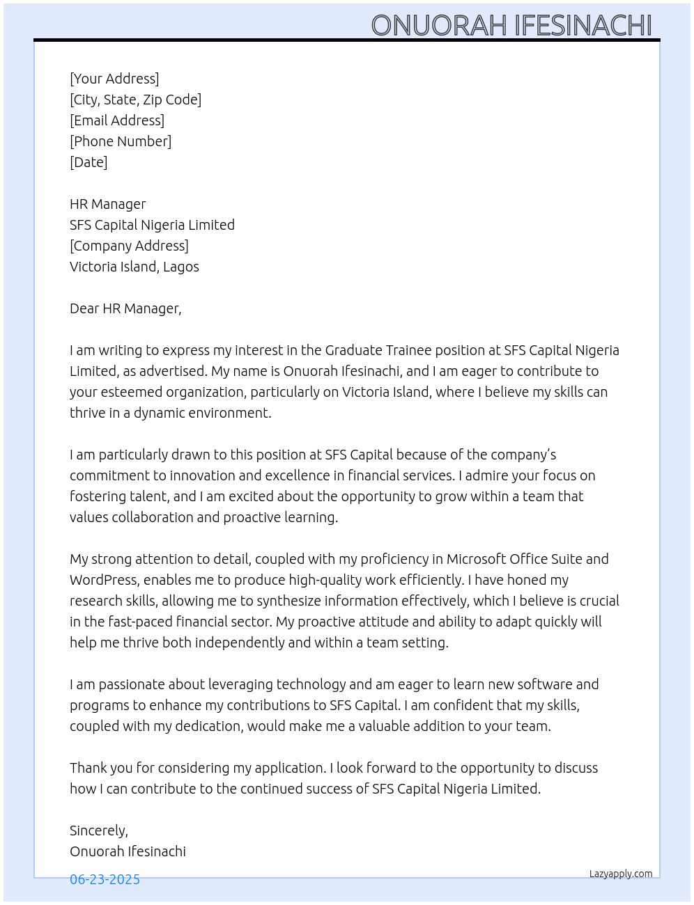 Graduate trainee  At SFS Capital Nigeria Limited Cover Letter