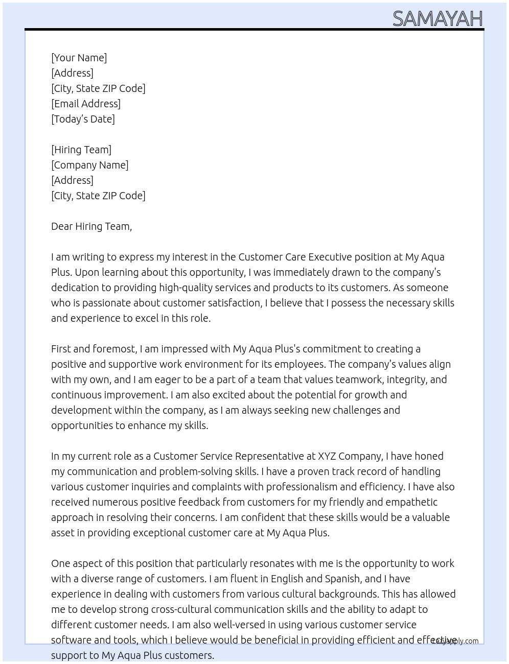Customer care executive At My Aqua Plus Cover Letter