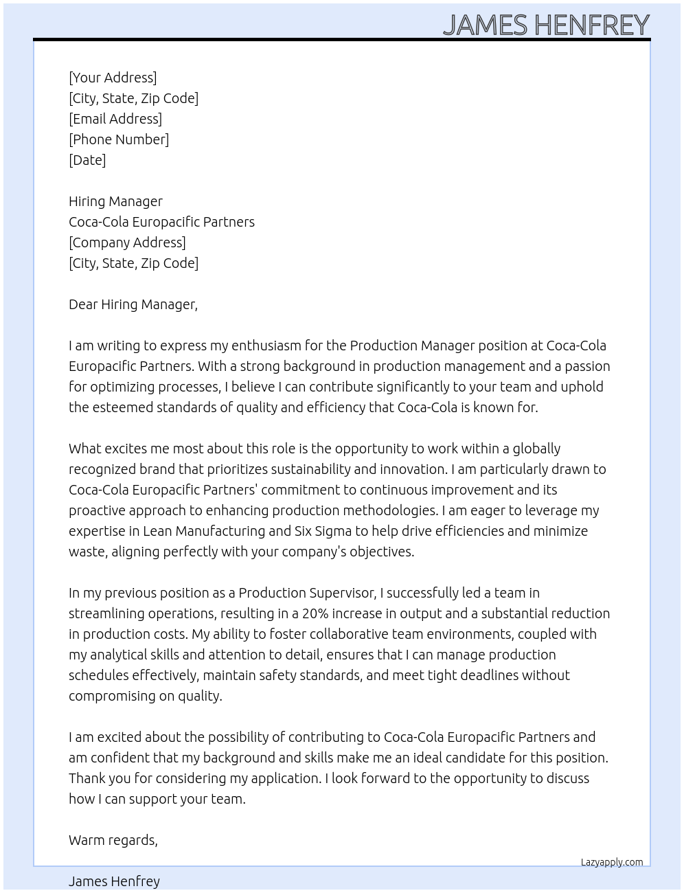 Production Manager At Coca-Cola Europacific Partners Cover Letter