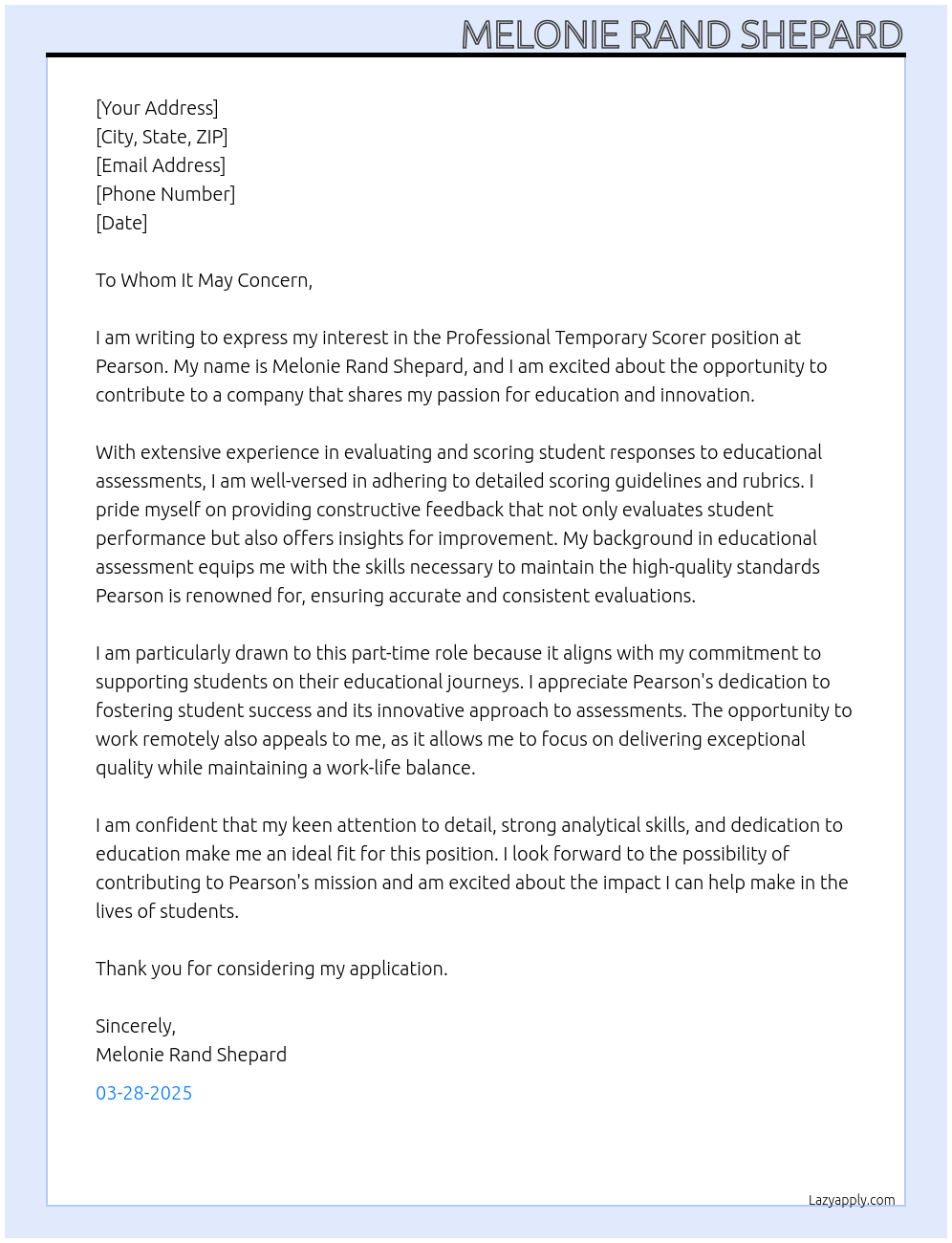 Professional Temporary Scorer At Pearson Cover Letter