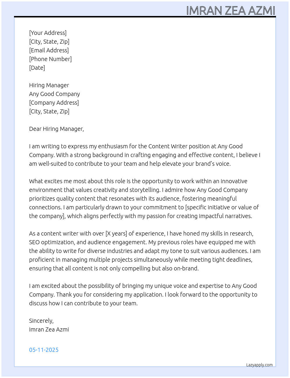 Content Writer At Any Good Company Cover Letter