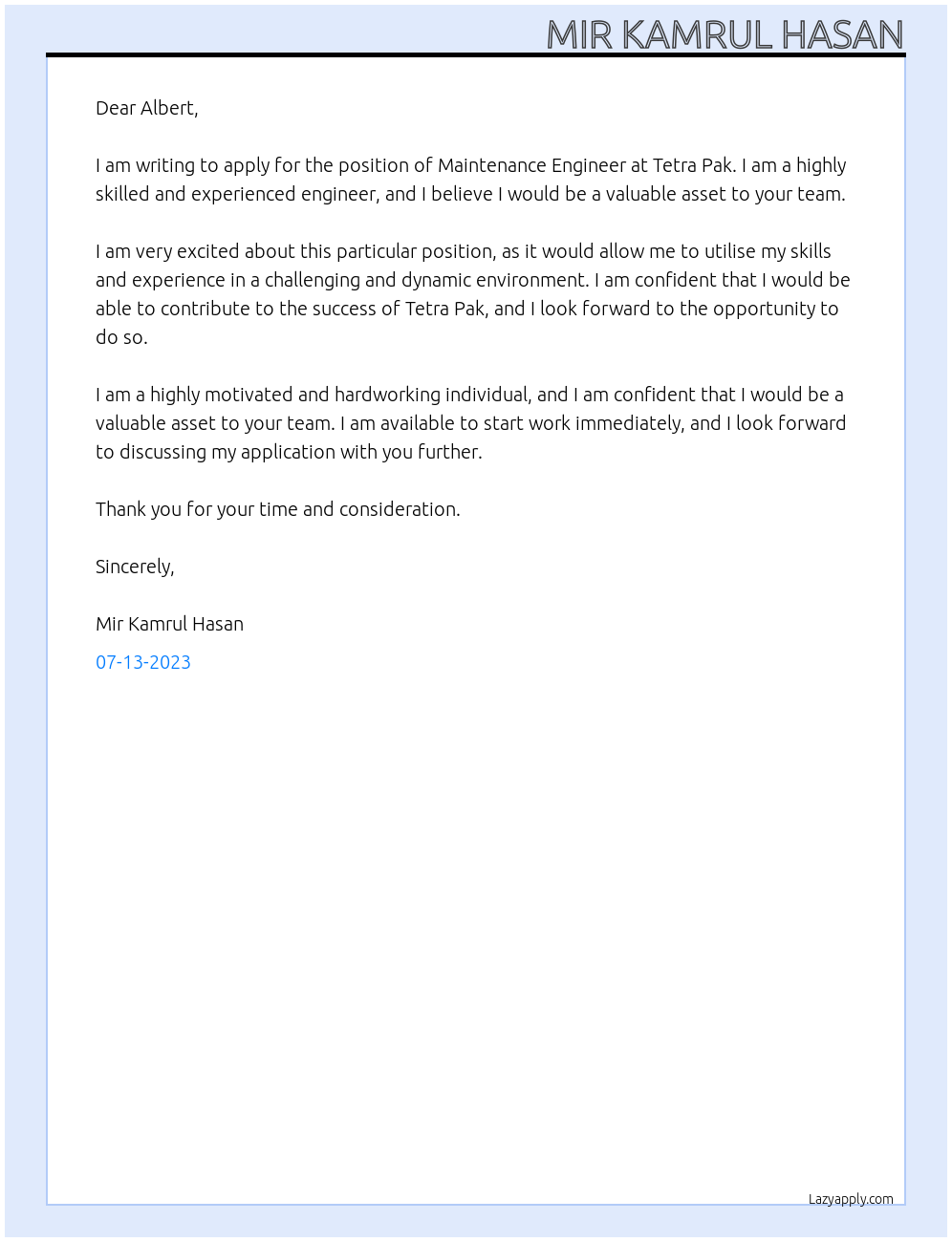 Maintenance Engineer At Tetra Pak Cover Letter