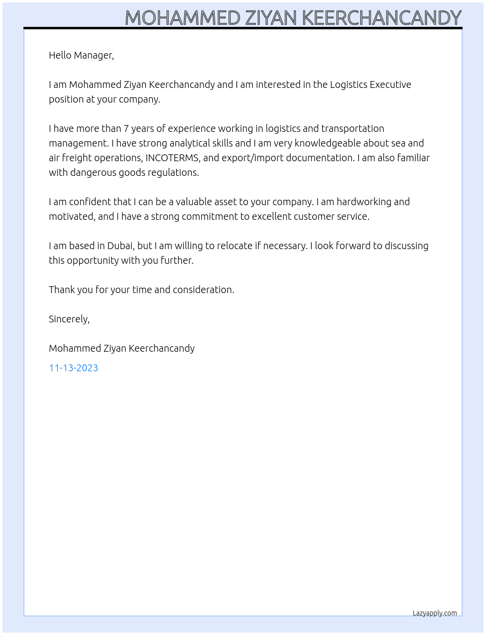 Logistics Executive At . Cover Letter