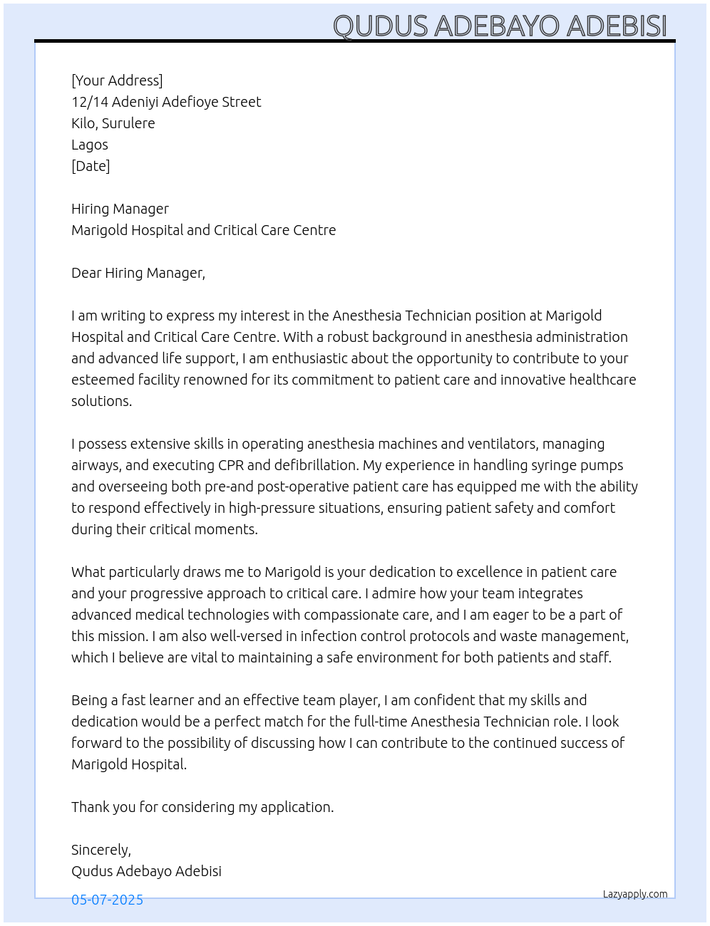 Anesthesia Technician  At Marigold Hospital and Critical Care Centre Cover Letter